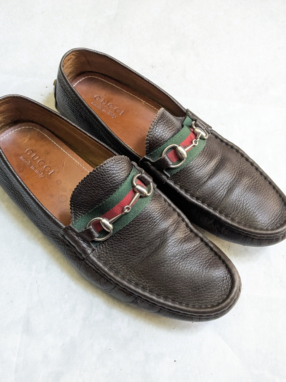 Gucci Men's Brown Leather Webbit Loafers Driving US 11.5